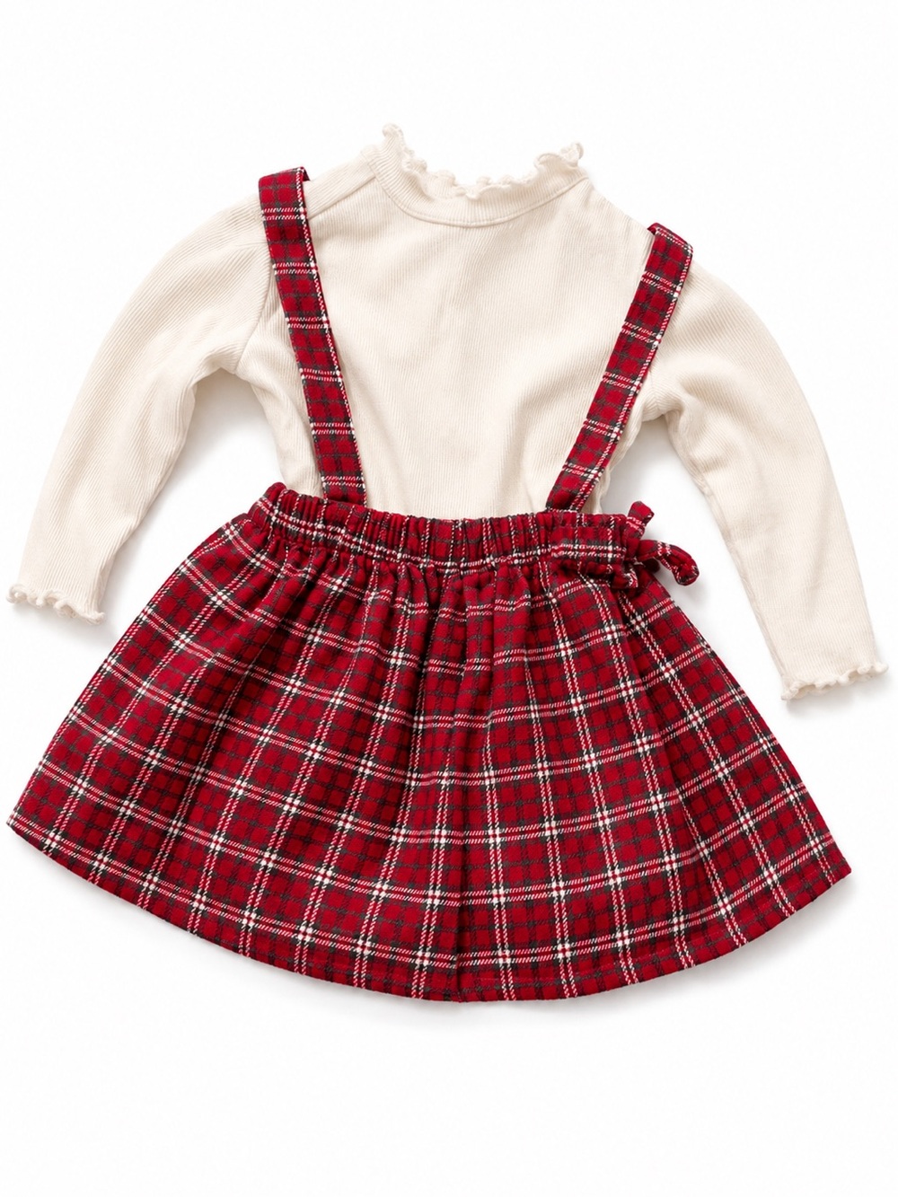 EUC Carters Red Plaid Suspender Skirt with Cream Ruffle Neck Top